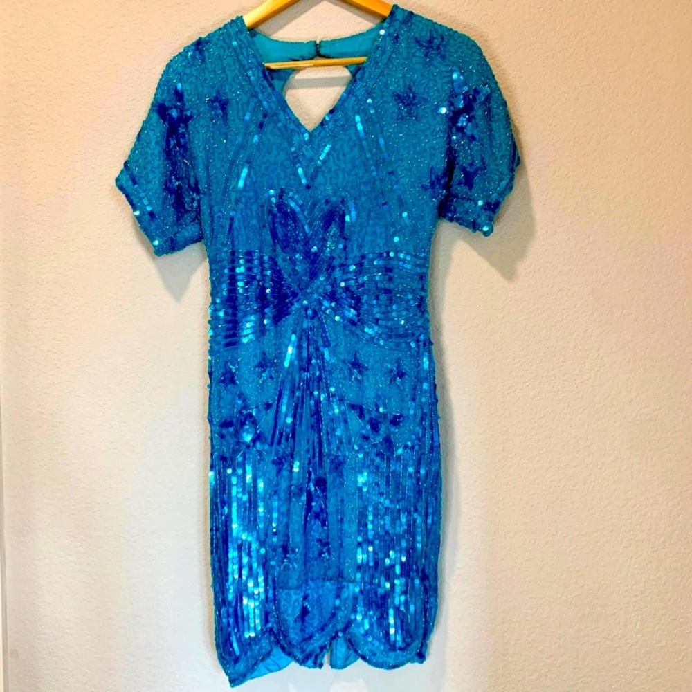 Vintage 80s Sweelo Silk Sequin Beaded Teal Dress S